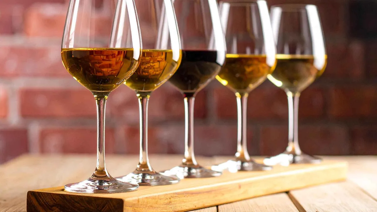 Five glasses of sherry lined up with manchego cheese and Iberian ham at a tasting on a Seville food tour