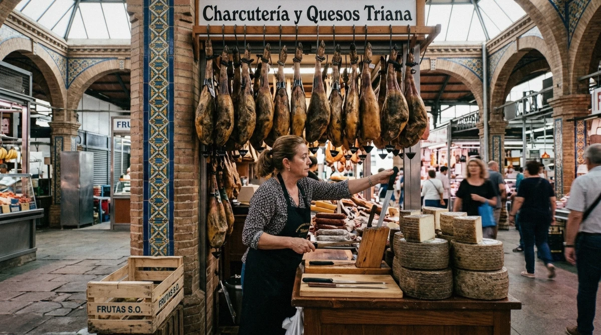 Jamon and cheese stall inside Mercado de Triana during a morning Seville food tour of the market